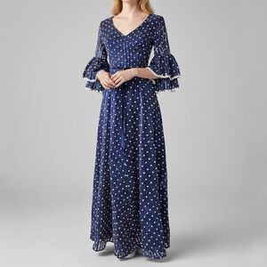 70s Maxi Dress Navy Polka Dot Ruffle Cottagecore Prairie Peasant Festival Boho